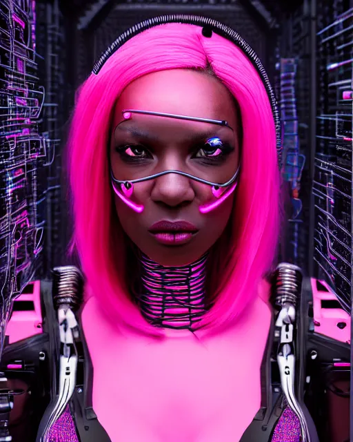 Image similar to portrait of a beautiful black woman with pink hair as a cyberpunk cyborg half robot, revealing wires and electronics, hooked - up, sci - fi, missing panels, intricate abstract upper body intricate artwork, concept art, octane render, deviantart, cinematic, key art, hyperrealism, iridescent accents, portrait photograph, nikon 3 5 mm, photograph by greg rutkowski