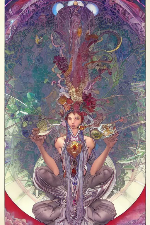 Image similar to chakras, by artgerm and yoshitaka amano and moebius and alphonse mucha, hyperdetailed, dc comics, ornate, nebula, explosions in the sky, trending on artstation
