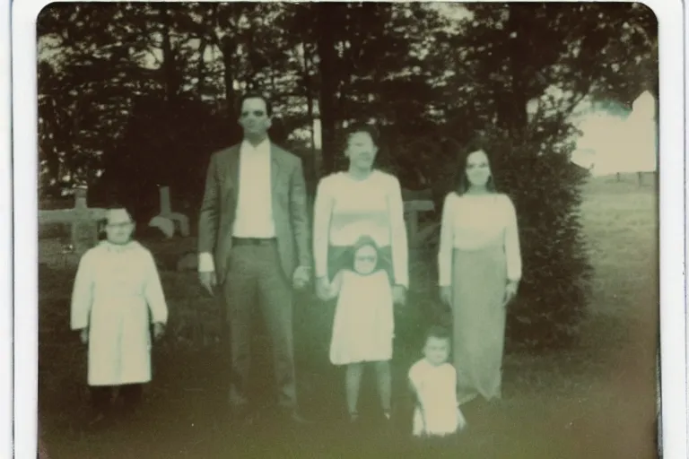 Prompt: old polaroid of weird lookin family photo in the cemetery, there is a demon in the background