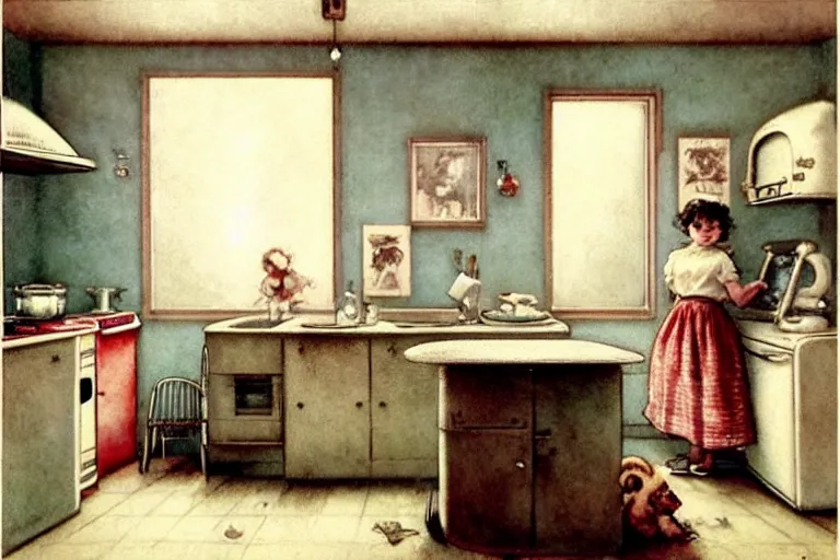 Image similar to ( ( ( ( ( 1 9 5 0 s retro kitchen interior scene. muted colors. ) ) ) ) ) by jean - baptiste monge!!!!!!!!!!!!!!!!!!!!!!!!!!!!!!
