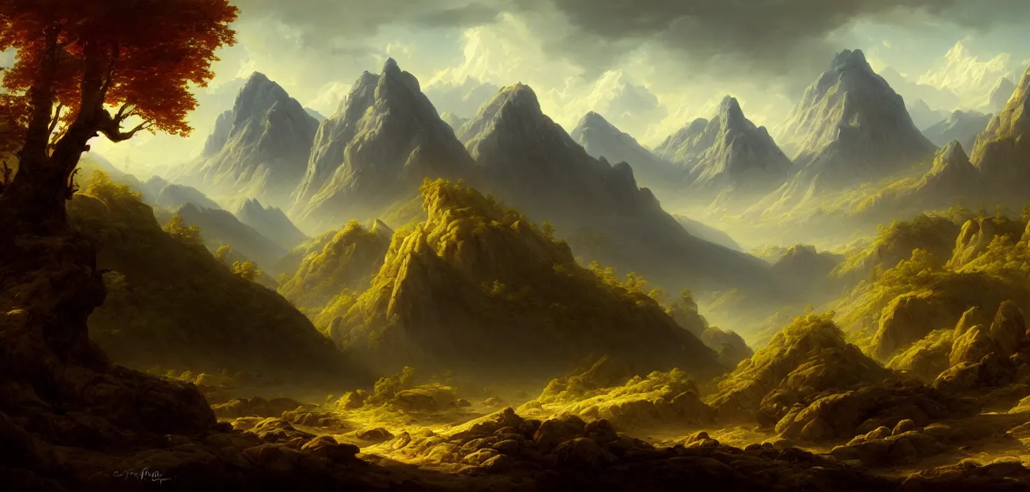 Image similar to a painting of a landscape with mountains and trees, a matte painting by william didier - pouget, cgsociety, fantasy art, matte painting, apocalypse landscape, concept art