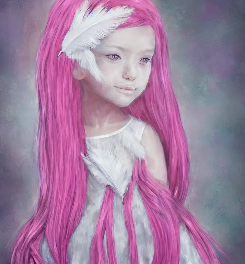 Image similar to little girl with eccentric pink hair wearing a dress made of white feather, art by dcwj