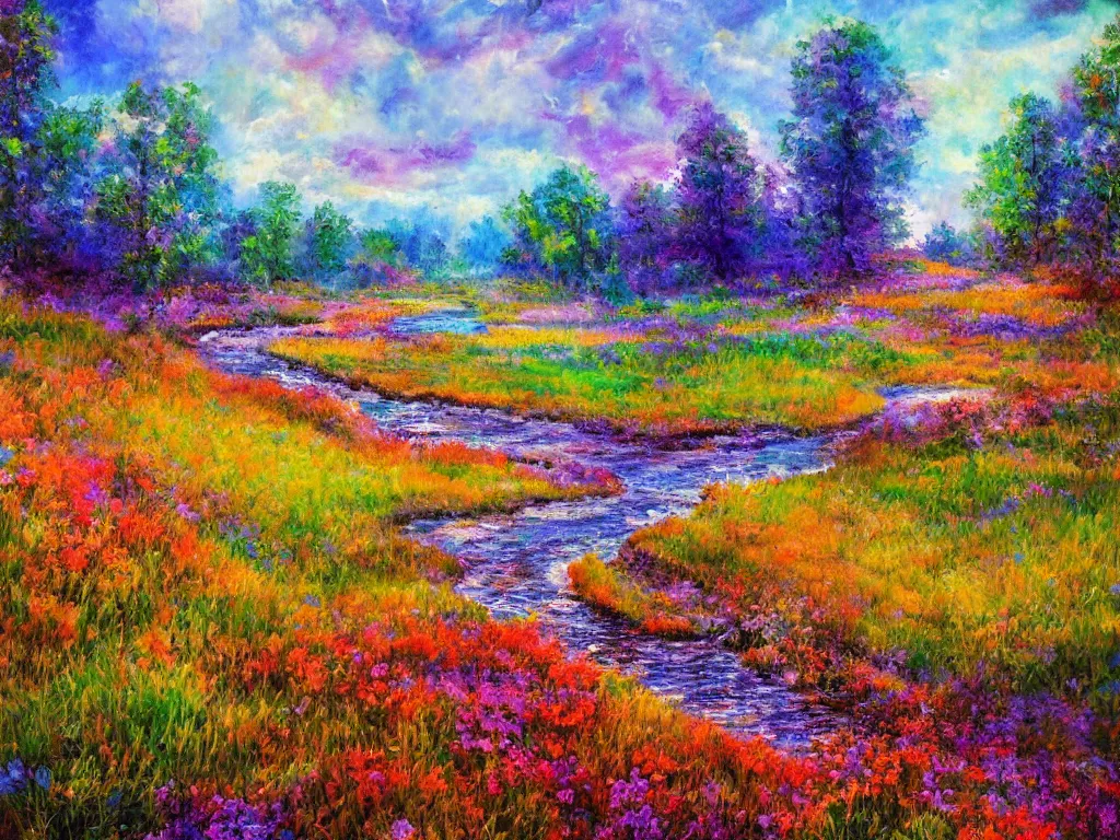 Image similar to an impressionist painting of a gorgeous meadow filled with colorful mushrooms with a stream flowing through it, psychedelic colors, colorful sky in background, high detail, trending on artstation