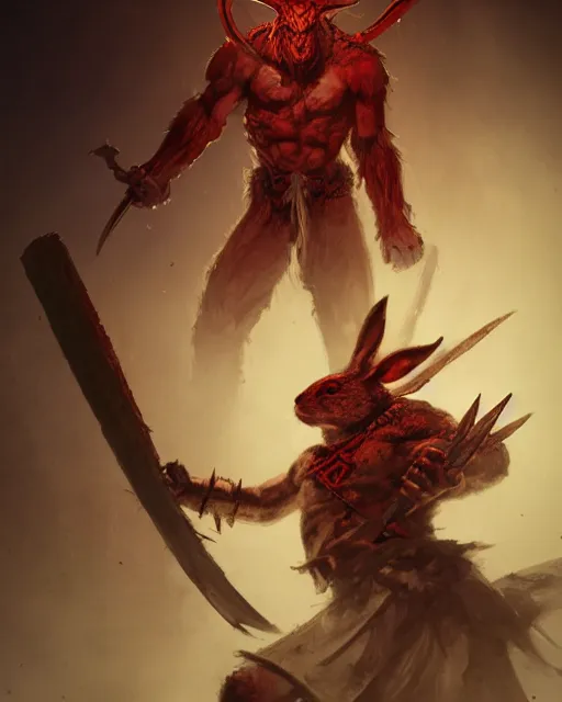 Image similar to Rabbit Berserker, rage, maniac, war paint, red, Khorne, magic the gathering artwork, D&D, fantasy, cinematic lighting, centered, symmetrical, highly detailed, digital painting, artstation, concept art, smooth, sharp focus, illustration, volumetric lighting, epic Composition, 8k, art by Akihiko Yoshida and Greg Rutkowski and Craig Mullins, oil painting, cgsociety