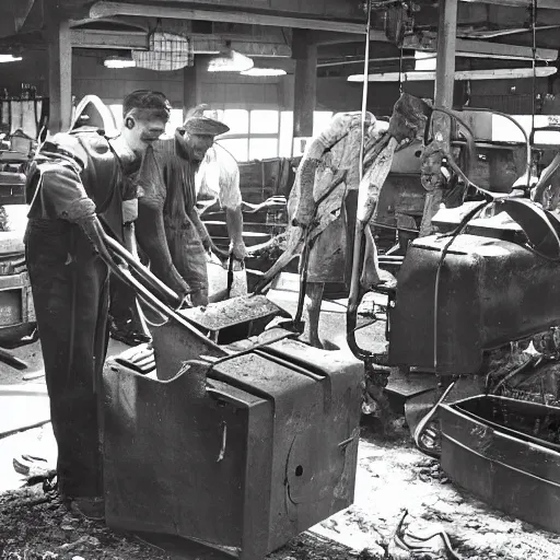 Image similar to photograph, men working in a machine shop sweeping up scrap metal, circa 1946