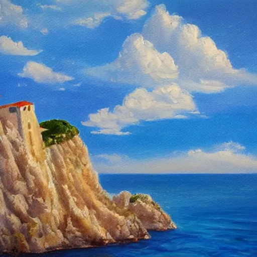 Prompt: italy, capri coast, sea, sunny day, summer, sailing boat, clouds on the sky, oil painting style,