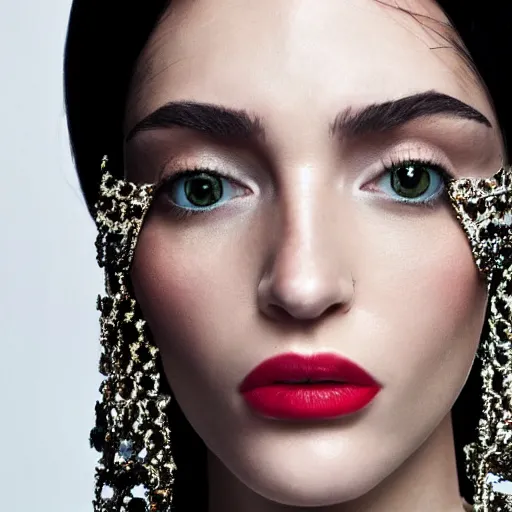 Image similar to close up of face of fashion model with dress, official dolce and gabbana editorial, highly detailed
