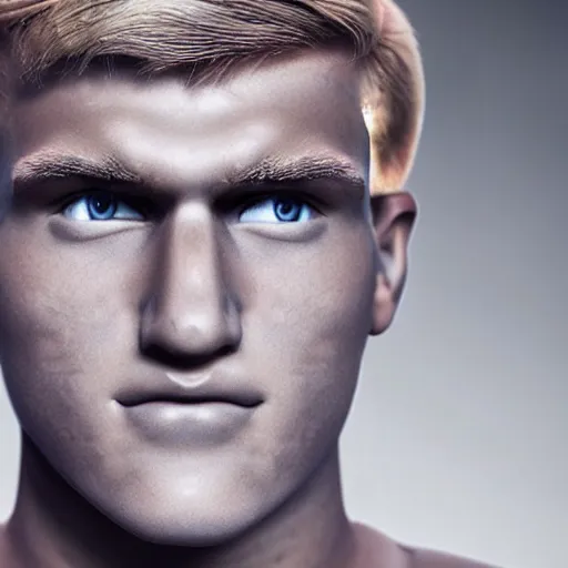 Image similar to a realistic detailed photo of boxer & youtuber jake paul as a humanoid robot, half humanoid, half robot, blank stare, shiny skin