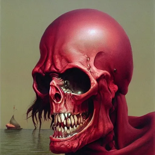 Image similar to Angry Pirate portrait, dark fantasy, maroon, artstation painted by Zdzisław Beksiński and Wayne Barlowe