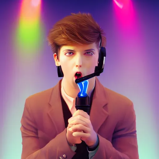 Prompt: a handsome young man with sandy brown hair and blue eyes singing into a neon blue microphone headset posing on stage. dynamic!! pose. gesture drawing. concert. cinematic lighting. wide shot photorealistic. hyper realism. ray tracing hdr. intricate detailed masterpiece. by bouguereau and shigenori soejima. lifelike.