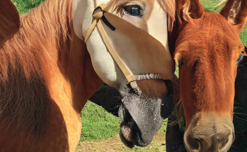 Prompt: peter the sweet potato. peter looking at camera horse half cat