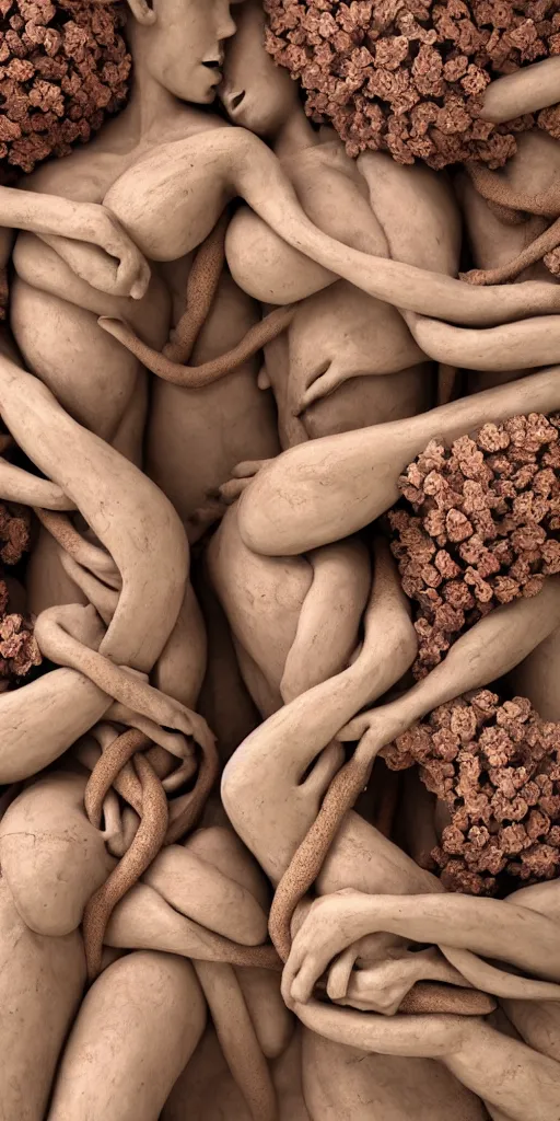Prompt: closeup photograph of a surrealist sculpture human bodies intertwined, a lovely cornucopia of flowers and human body parts, body parts, made of clay, earth tones, muted color palette, skin tones, highly detailed, octane render, cinematic