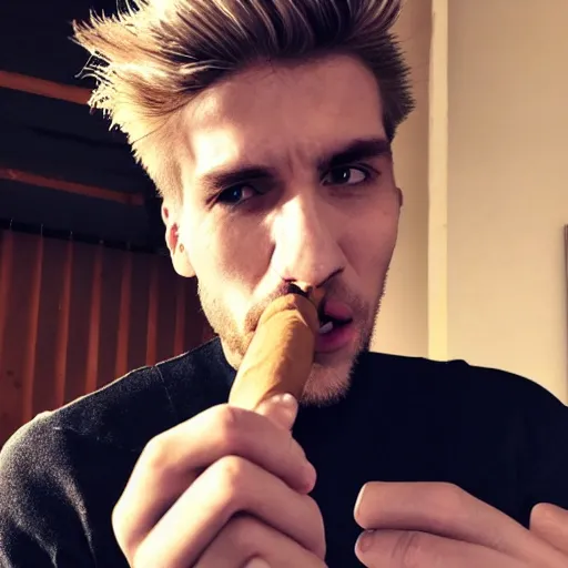 Image similar to a closeup photo of handsome gigachad xqc elrubius smoking a cigar