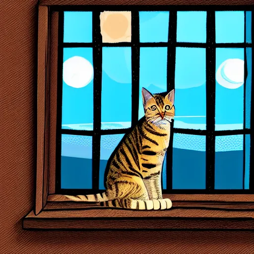 Image similar to a tabby cat looking trought the window, at a nuclear exlosion, digital art