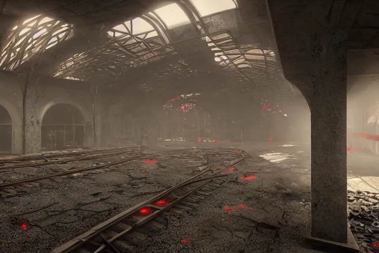 Image similar to ruined, abandoned, underground metro station, seen from inside. red flares on the ground is the only lightsource. Smoke. Dirt, leaves on ground. Unreal Engine. Substance painter. Zbrush. Trending on artstation. 8K. Highly detailed.