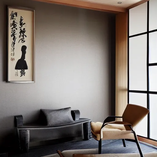 Prompt: lounge and dining room, stone, interior design, stylish luxury hotel living room design, yakisugi, black vertical slatted timber, textures, feminine, black walls, art, Japanese pottery vase with flowers, kakejiku, seasonal, Japanese influences