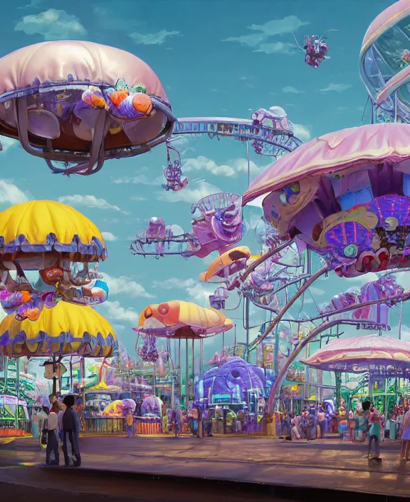 Prompt: a puffy inflated amusement park made out of fat seamless alien isopods, in the style of an aerodynamic obese robot, overgrown with thick orchids, partly cloudy, somber, dramatic lighting, by dan mumford, yusuke murata, makoto shinkai, ross tran, cinematic, unreal engine, cel shaded, featured on artstation, pixiv