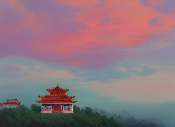 Image similar to an oil painting of a chinese temple floating among the clouds during a pink sunset