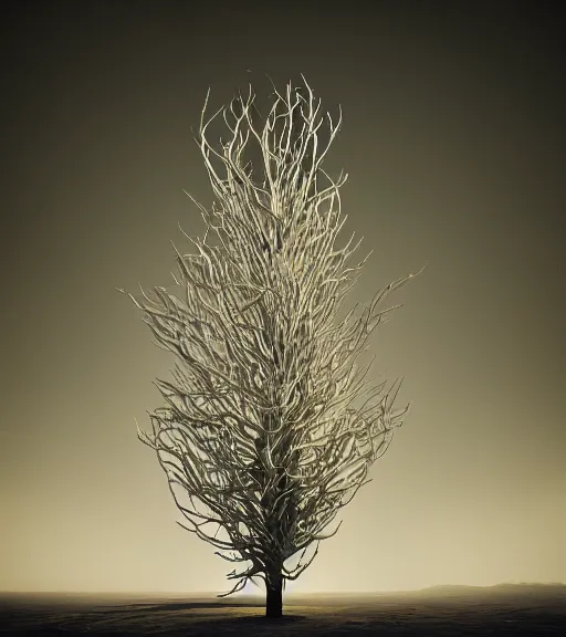 Prompt: surreal white tree made of snakes, futuristic in the desert, foggy sky, dark night, octane render, unreal engine, pale colors, high detail, 8 k, wide angle, trending on artstation, behance