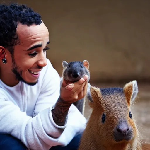 Image similar to an award winning photo of lewis hamilton holding a baby capybara, 4 k