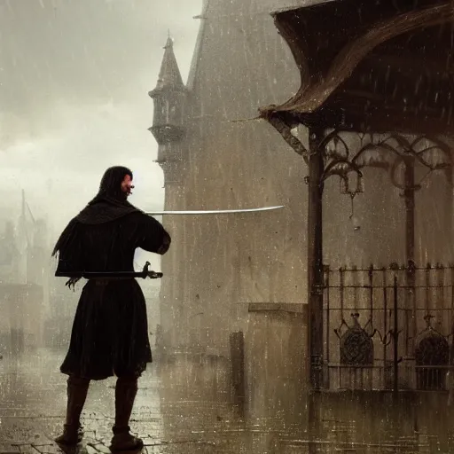 Image similar to a man holding a sword in the medieval era the background to the small town and it is raining by greg rutkowski