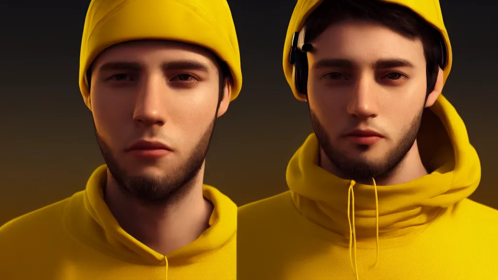 Image similar to close up portrait of young handsome it engineer in a yellow sweatshirt. cyberpunk, volumetric lighting, 4 k, hd, artstation, deviantart