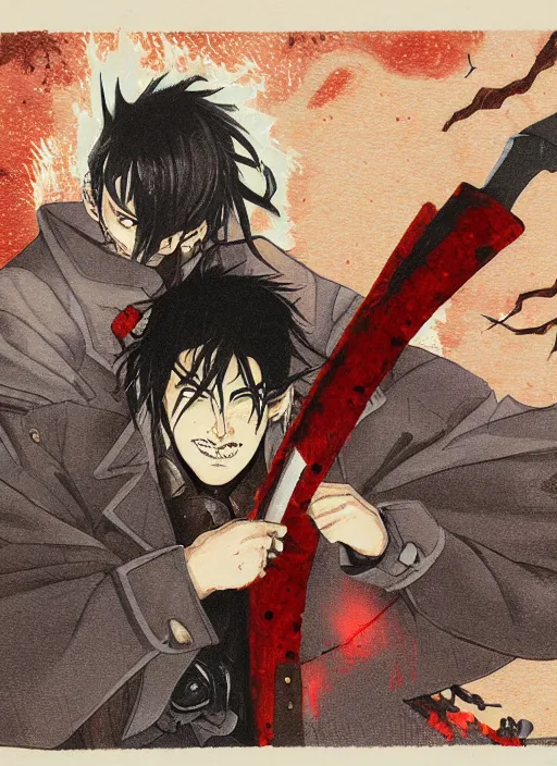 Image similar to illustration by tatsuki fujimoto of a handsome male vampire, long black hair, glowing red eyes, light brown coat, chainsaw sword