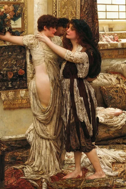 Prompt: a still of ashley graham in a lawrence alma tadema romantic painting