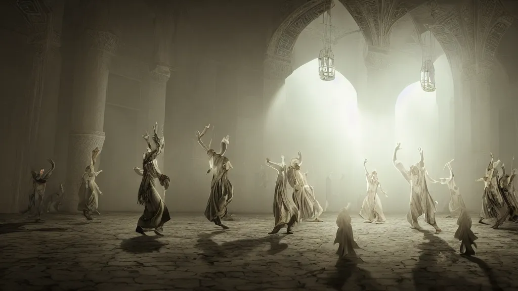 Image similar to tyrkisk sufi dance, sufi, arabic words, bysintine, gothic, 4 k, smokey, michael whelan, peter mohrbache, giovanni paolo panini style epic, volumetric light, insanely detailed, unreal engine render, artstation trends, hyper detail, epic art style, cinematic, concept art, soft white gold lights