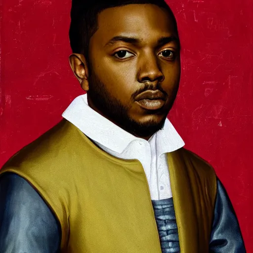 Image similar to a renaissance style portrait painting of kendrick lamar