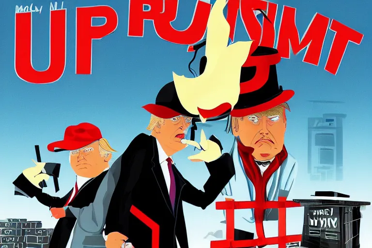 Image similar to 2 d poster illlustration donald trump and donald trump wearing trenchcoats and black spy hats, stacks of boxes everywhere and a safe broken open for the movie spy vs spy