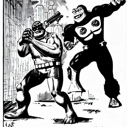 Image similar to terminator killing shrek, illustration by Jack Kirby