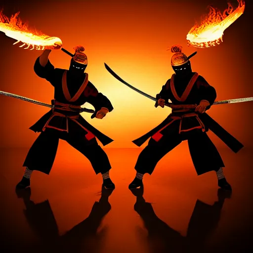 Image similar to Two samurais with flaming swords fighting, 8k, concept art, elegant, cinematic lighting,