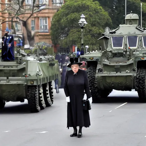 Image similar to queen victoria watching a parade of military vehicles, cloudy day