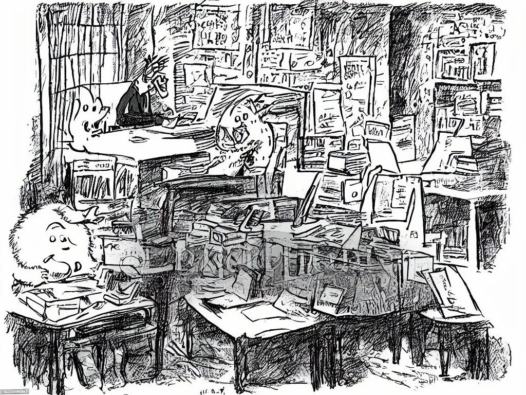 Prompt: cartoon illustration of a ghost writing a book at a desk, by Jim Davis