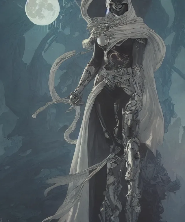 Prompt: female moon knight, hyper detailed, digital art, trending in artstation, cinematic lighting, studio quality, smooth render, unreal engine 5 rendered, octane rendered, art style by alphonse mucha and greg rutkowski and ian sprigger and nixeu