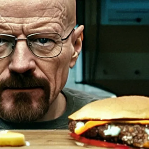 Image similar to walter white from breaking bad eating a cheeseburger