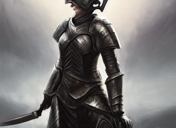 Prompt: landscape of a future city, a young english woman between the ages of 2 0 - 2 5 years, wearing armor and pointing a dagger, wearing a face full of anger. cinematic capture, dramatic condition, fine art, modern realism, sharp focus, good lighting, trending on artstation, trending on tiktok, smooth drawing, elegant, authoritative, without anomalies.