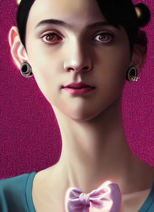 Image similar to portrait of teenage girl, realistic, black hair, bangs, half updo hairstyle, pointy nose, skinny, smile, ugly, defined jawline, big chin, pink hair bow, earrings, intricate, elegant, glowing lights, highly detailed, digital painting, artstation, sharp focus, illustration, art by wlop, mars ravelo and greg rutkowski