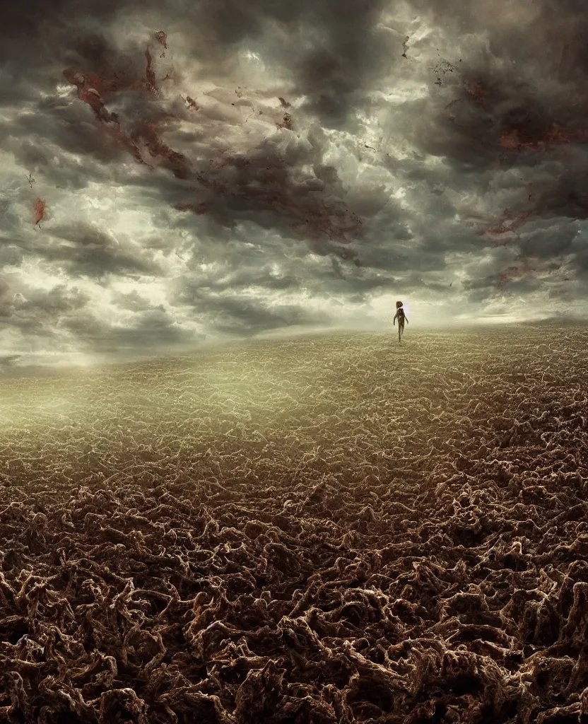 Image similar to endless field stretching to the horizon made from rotten bloody corpses of Nicolas Cage, body horror, flesh, blood, grotesque hell, highly detailed, vivid colors, dark shadows, contrast, concept art, sharp focus, digital art, Hyper-realistic, 4K, Unreal Engine, Highly Detailed, Dramatic Lighting, Beautiful, by Brom, bastien lecouffe-deharme