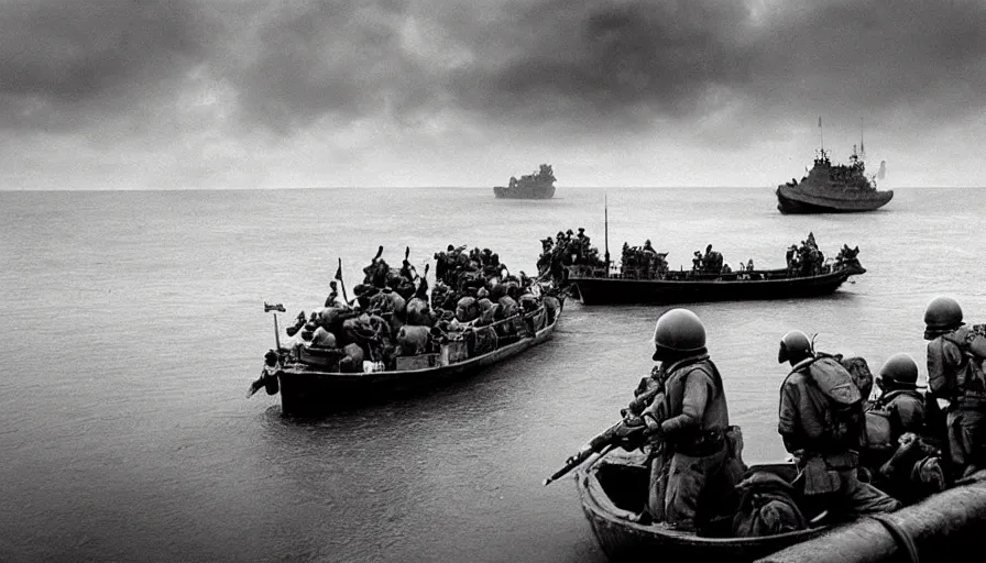 Image similar to “minions landing by boat on D-Day, 4k, award winning”