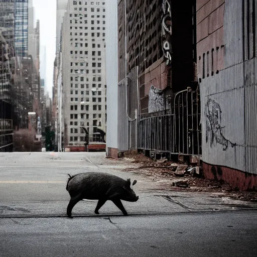 Image similar to a wild pig on a abandoned city of new york the pictures looking around