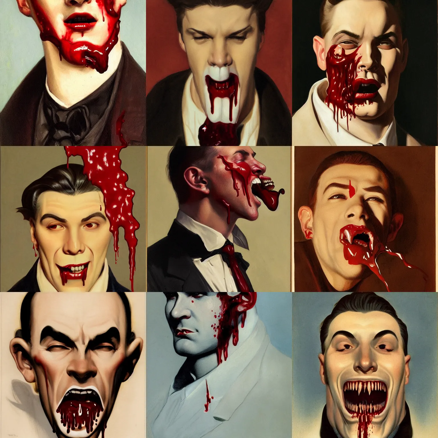 Prompt: bottom half of face portrait shot of blood dripping down a male vampire’s mouth chin and neck, as painted by leyendecker