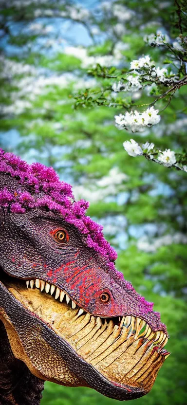 Image similar to “ a portrait photo of tyrannosaurus at a sakura tree, side shot, by shunji dodo, 8 k resolution, high quality ”