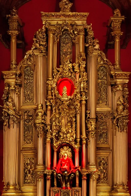 Prompt: baroque art style of glowing red spirit sitting on a pipe organ throne made of obsidian and silver