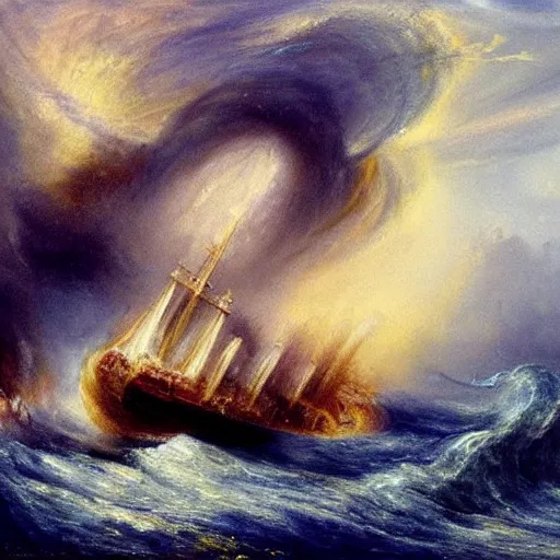 Image similar to kraken tentacles stormy sea steamship boat dramatic clouds painting style of turner