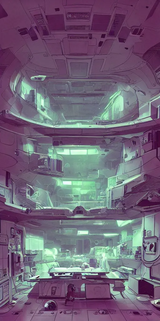 Image similar to spaceship medic room , mysterious laboratory, thick green mist, low ceiling, cables hanging from ceiling, thick cables on ground, god rays of light, huge computer screens, neons, saturated top light , epic scene, scifi, illustration, art by Juan Giménez and moebius