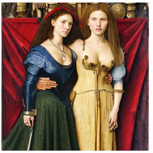 Prompt: full colour engraving full figure portrait of natalie portman and scarlet johansson, in medieval armoury, painted by albrecht durer, jean delville, alphonse mucha, jan van eyck, da vinci