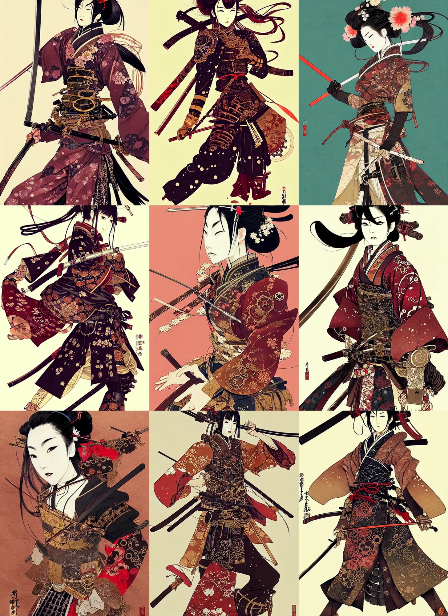 Prompt: very beautiful steampunk samurai in battle pose, detailed portrait, wearing kimono armor, sword, by conrad roset, takato yomamoto, jesper ejsing, beautiful