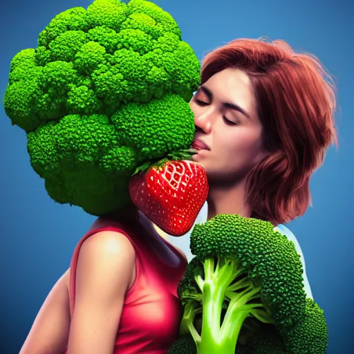 Image similar to A hyper real comic book style portait painting of a friendly broccoli man hugging a strawberry woman, unreal 5, hyperrealistic, octane render, cosplay, RPG portrait, dynamic lighting